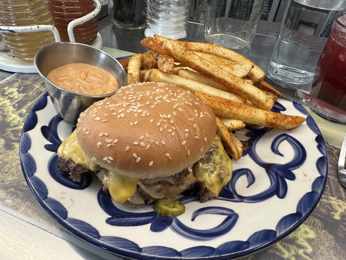 Oklahoma onion burger and al-pastor fries at one of my favorite spots, Dove’s
