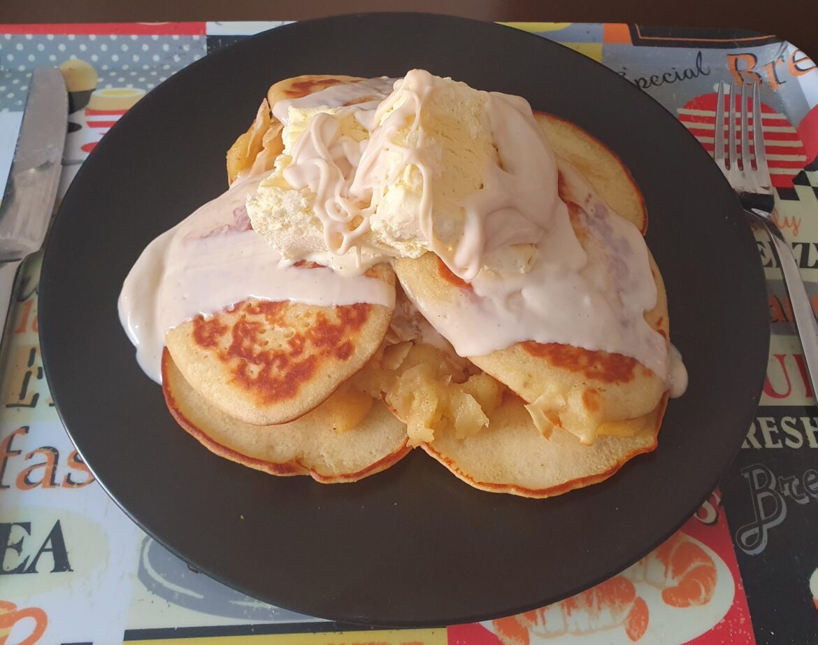 Banana Pancakes with Apple Compote, Coconut-Almond Spread and Vanilla Ice Cream