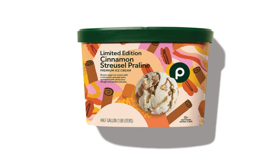 Brown sugar ice cream with a cinnamon streusel swirl, sprinkled with sticky bun dough and praline pecans. Image is courtesy of Publix.