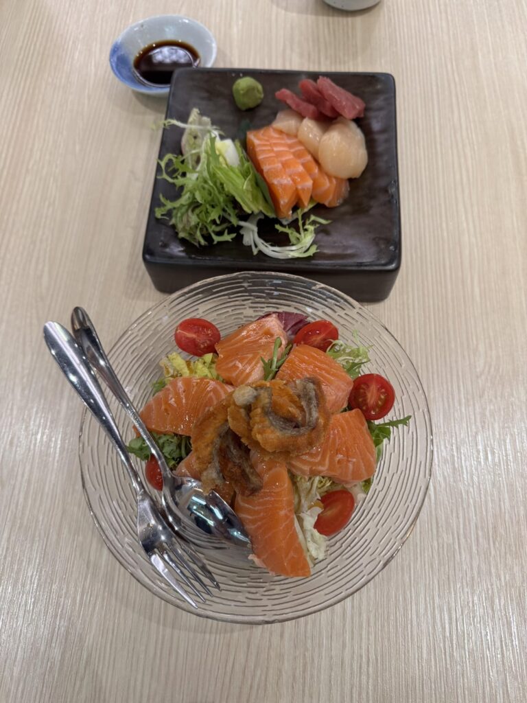 Sashimi platter with salmon, tuna & scallops and lightly seared salmon salad at Tempura Makino in Hong Kong