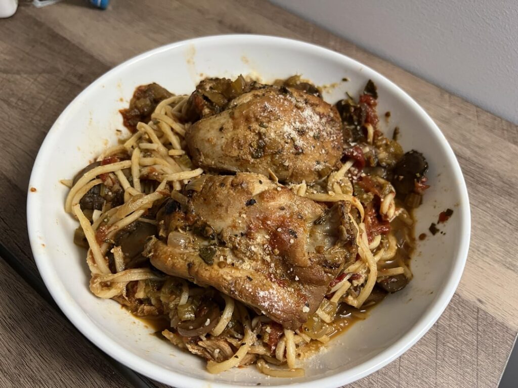 Cacciatore has been keeping me warm, fit, and full this winter.  766 cals and 96g of protein in this huge bowl!