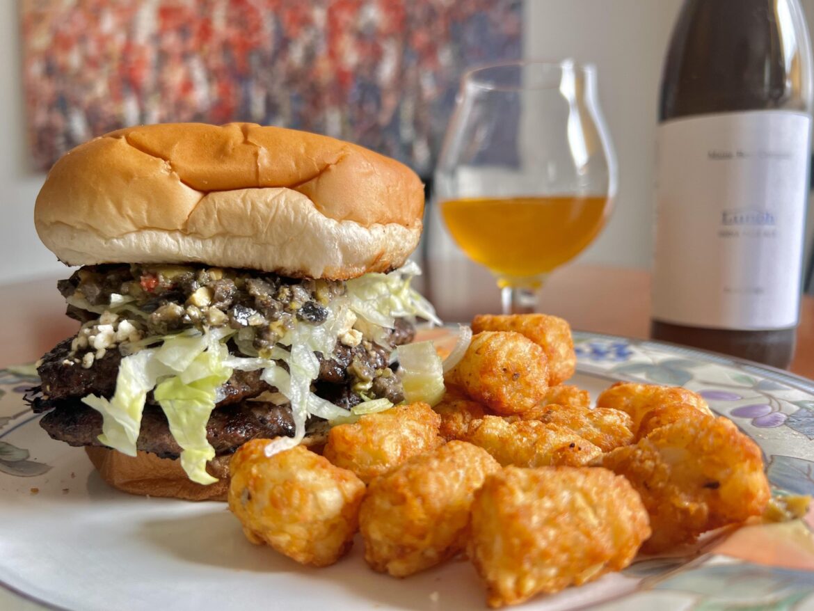 Double smashburger with feta and olive tapenade