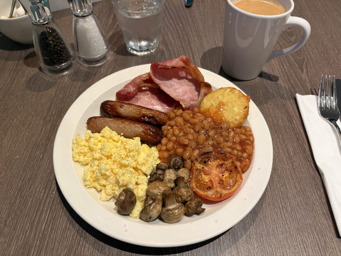 Crowne Plaza, Manchester Airport. £16.95 for unlimited breakfast.