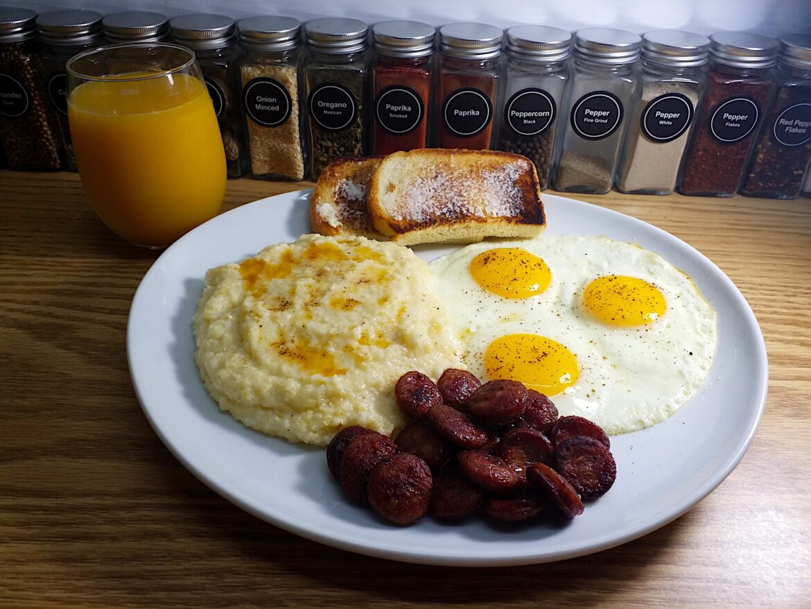 Andouille Sausage with Eggs, Cheese Grits Au Jus and Sourdough Toast