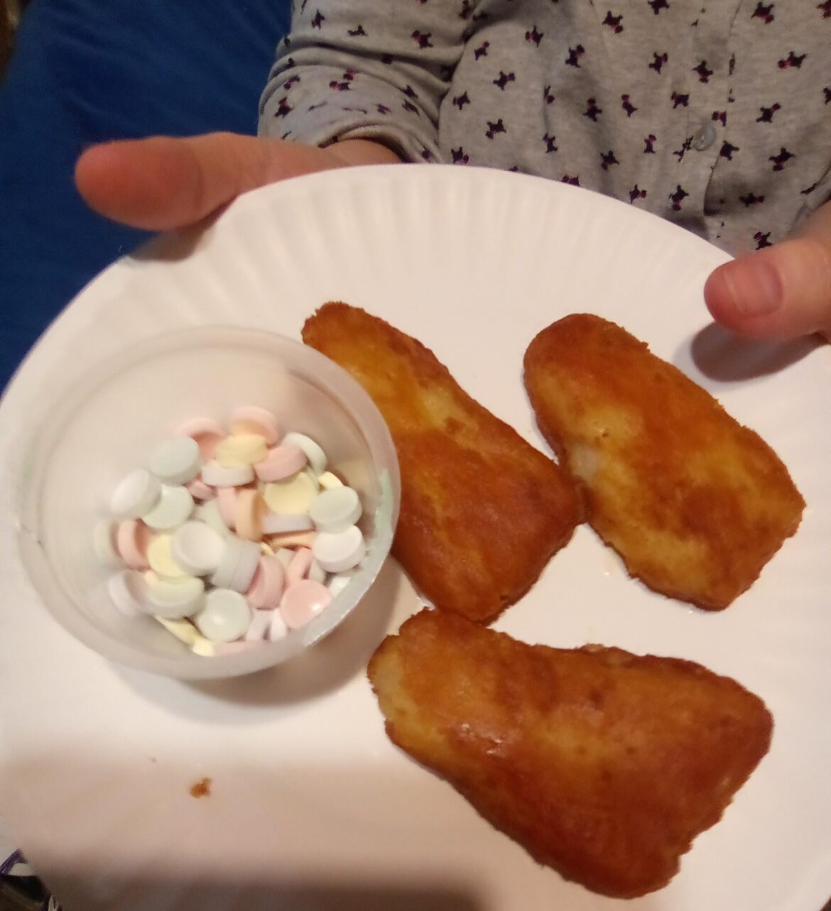 My mom's dinner: fish and "fruit cocktail" aka smarties candy