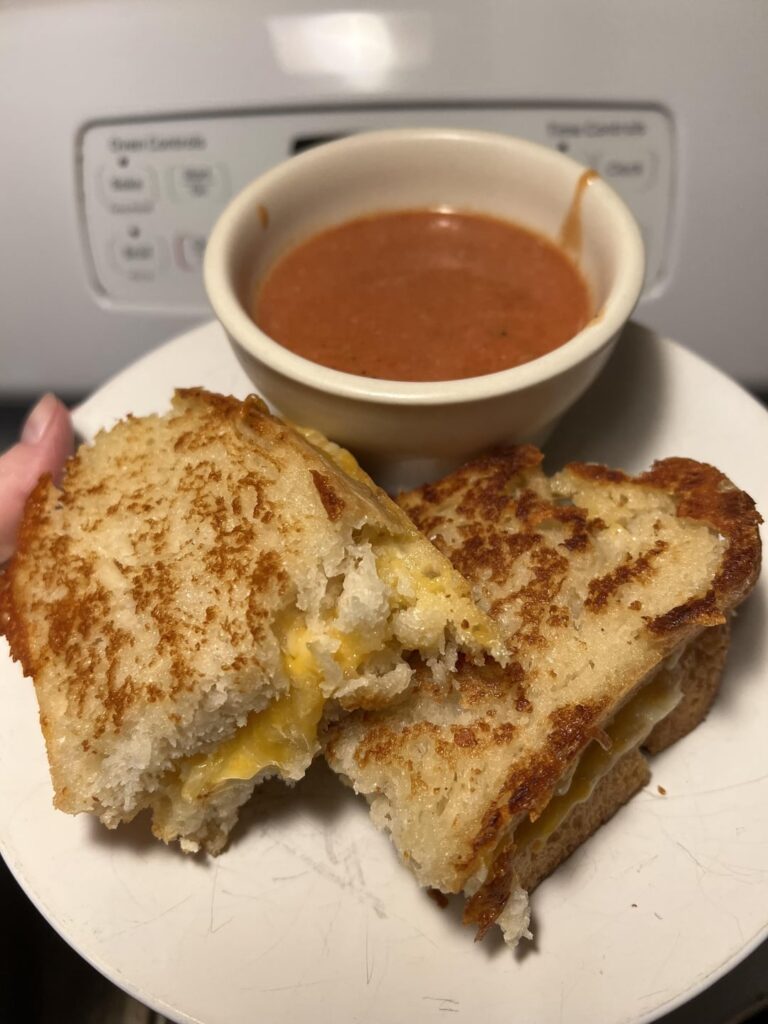 Grilled cheese sandwich made with homemade peasant bread