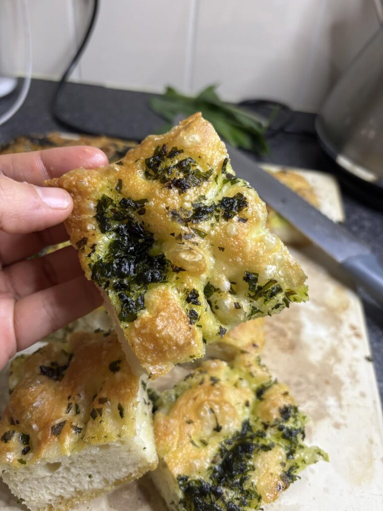 First time making bread / focaccia how did I do? Family like it. I used foraged wild garlic as a topping.