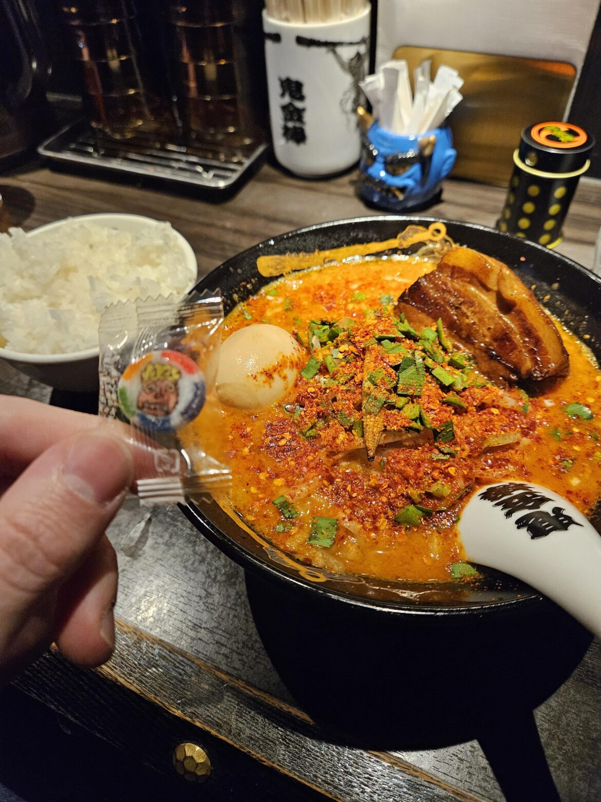 Oni level spice at Karashibi Miso Ramen Kikanbo outside Kanda station in Tokyo