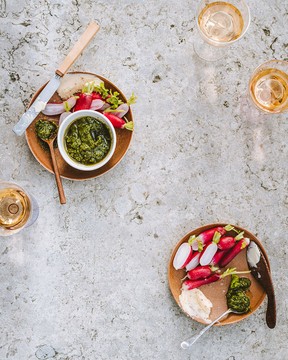 Radishes and radish leaf pesto