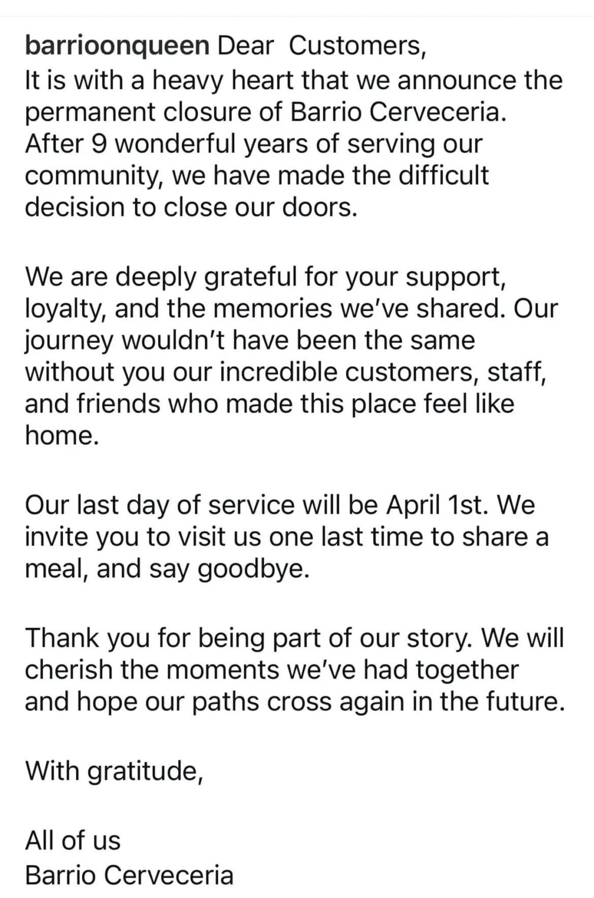 Barrio on Queen St beside Jimmy Simpson Park announces their final month of service