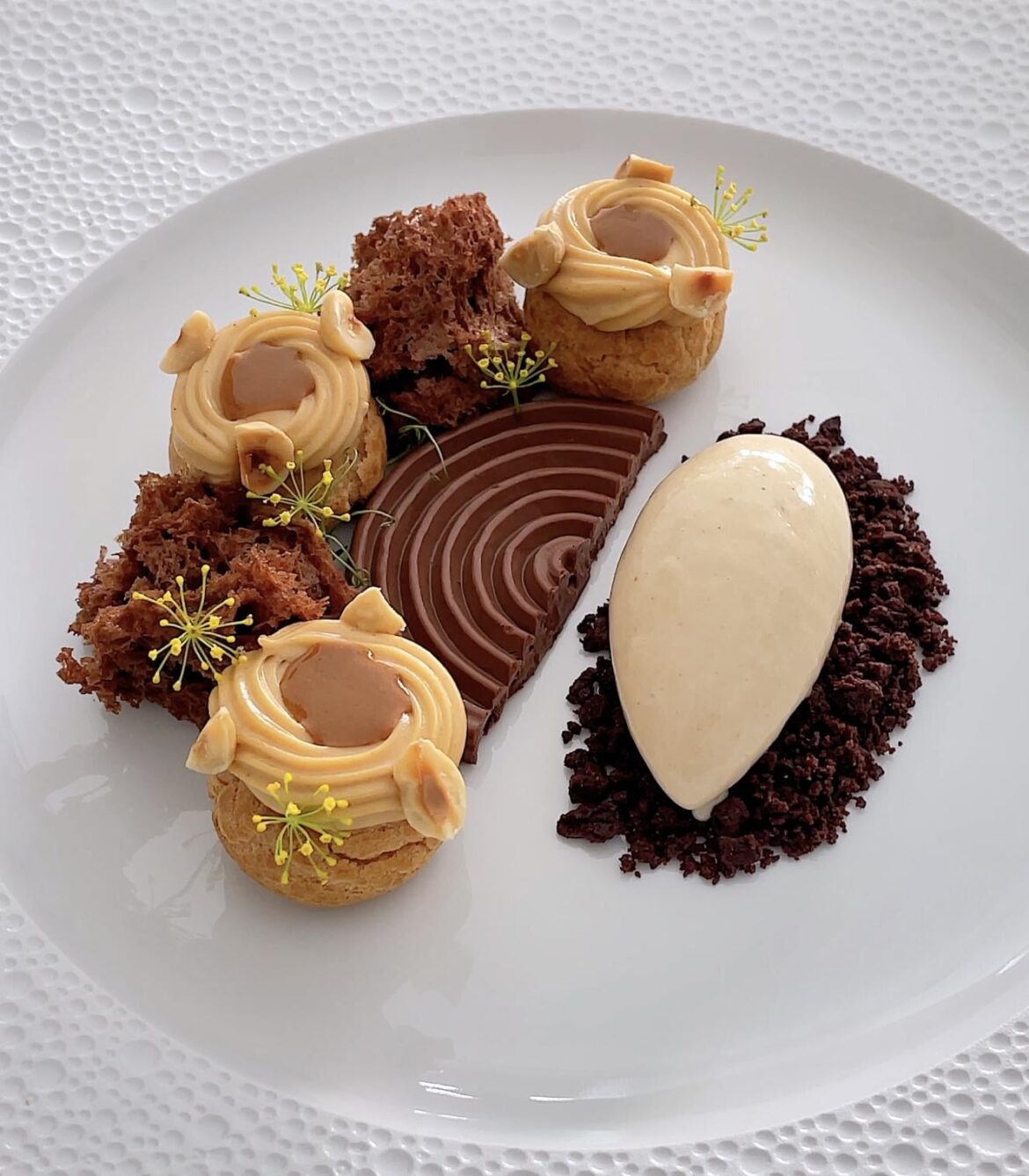 Chocolate & Hazelnut Dessert with Hazelnut Cream Puffs, Hazelnut Ice Cream, Chocolate Cremeux, Chocolate Sponge Cake & Chocolate Soil