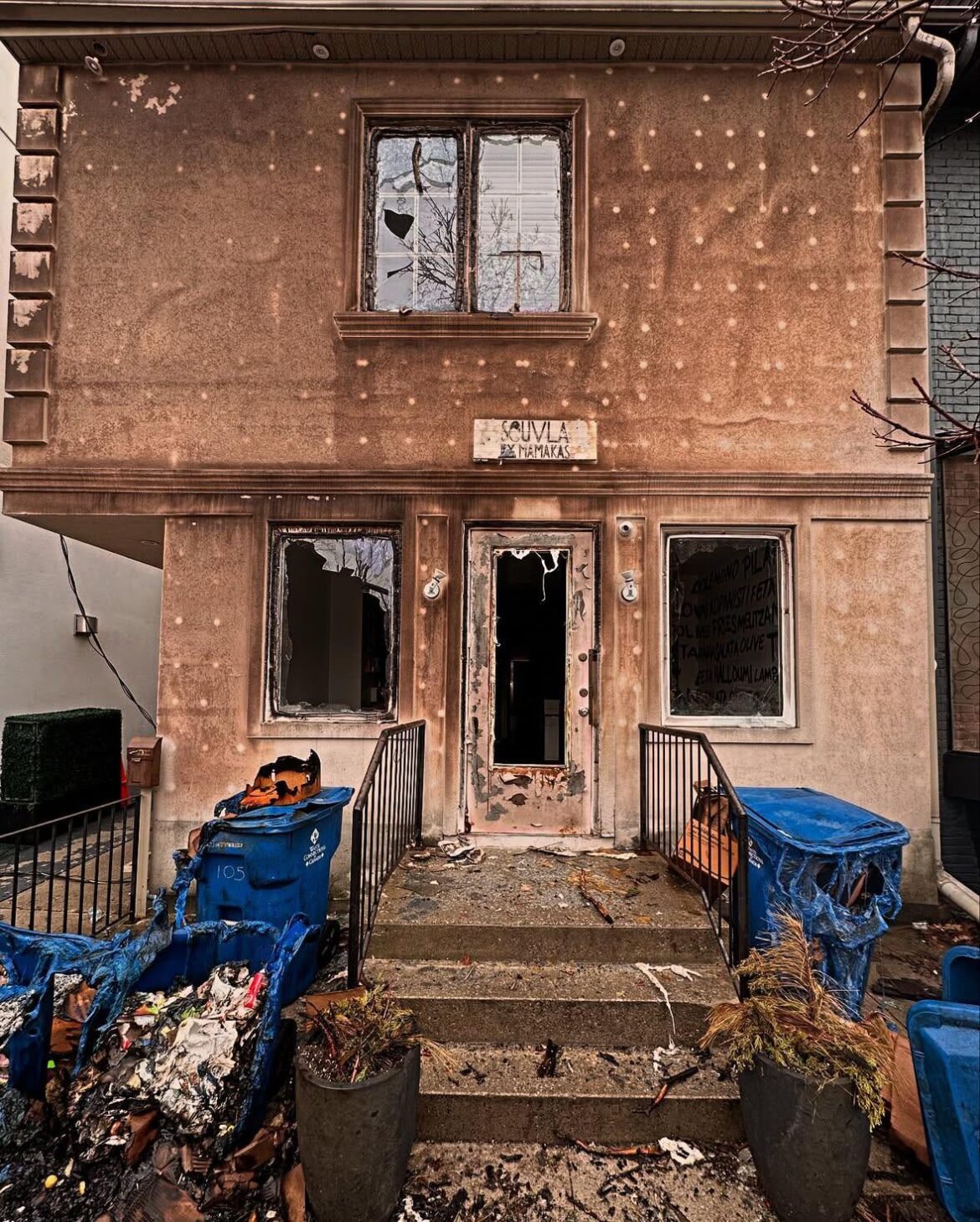 Souvla by Mamakas (Yorkville, near Scollard & Bay) posts aftermath - says “will be back up and running when repaired and permitted to.”