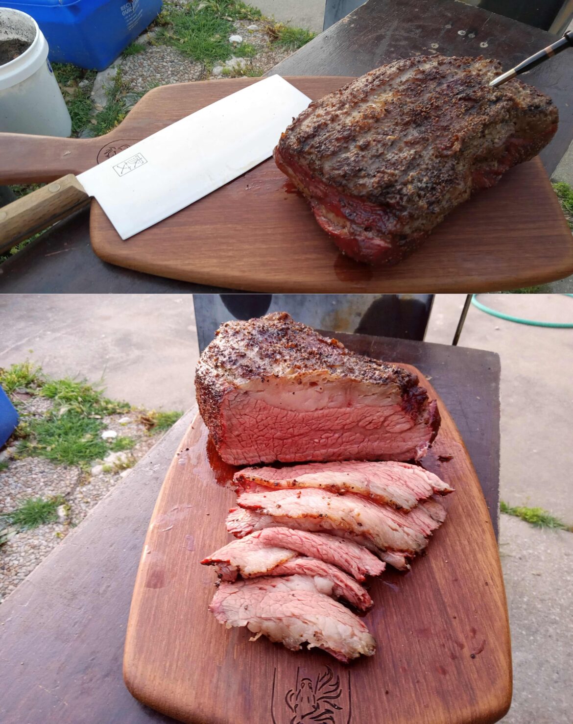 The "Over the lump day" tri-tip. Smoked ~2 hours lump + post oak @ 225F for a 134F final temp. Ate right off the cutting board - perfect! (for me)