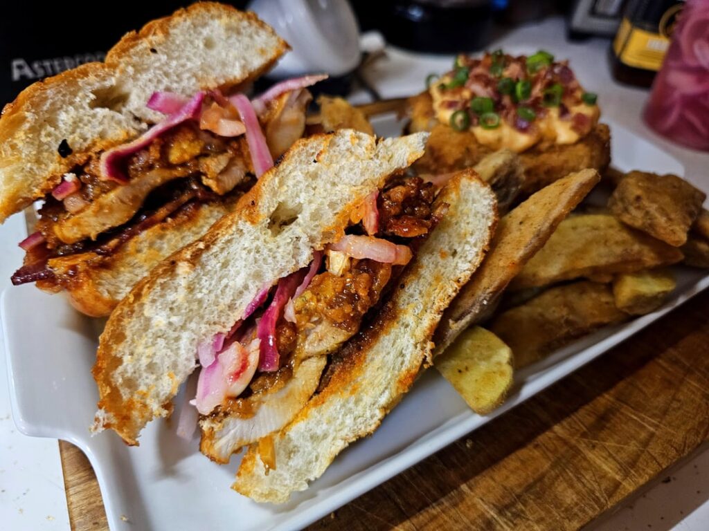 KBBQ Chicken Sandwich w/ Gochujang Queso & Fries KBBQ Chicken Sandwich w/ Gochujang Queso & Fries