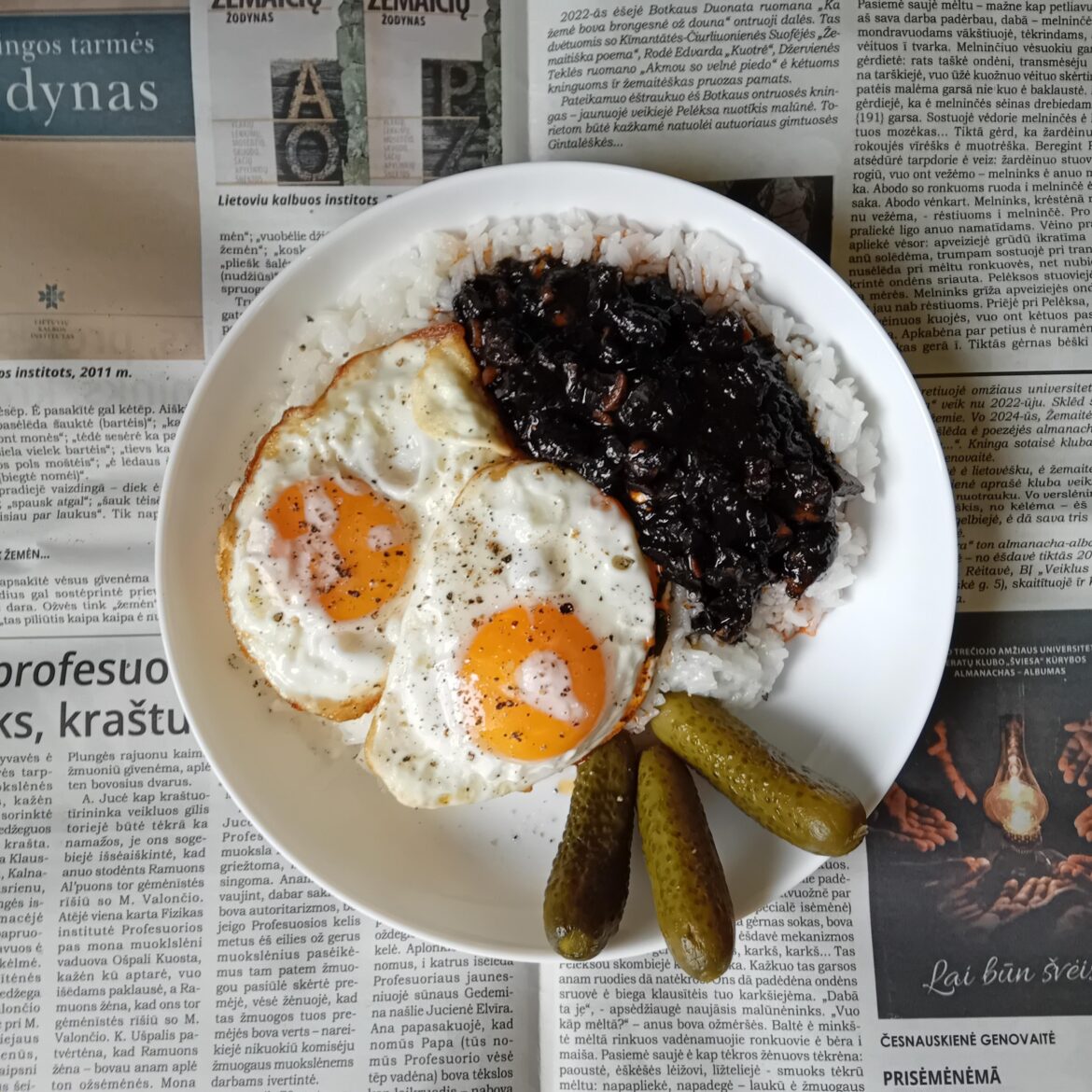 Lunch. Squid in its own ink. Eggs. Rice. Pickles.
