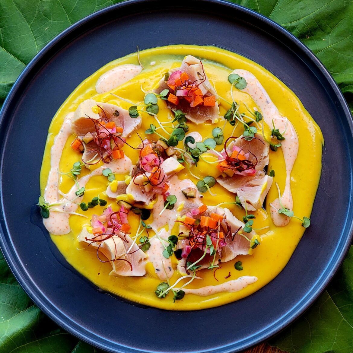 Seared Albacore tuna, passionfruit-citrus sauce, Kewpie aioli, pickled vegetables