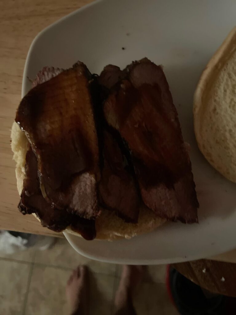 First ever smoked brisket. Over cooked a little but still tender and good. Had to get a sandy at 1am. Should hit the spot.