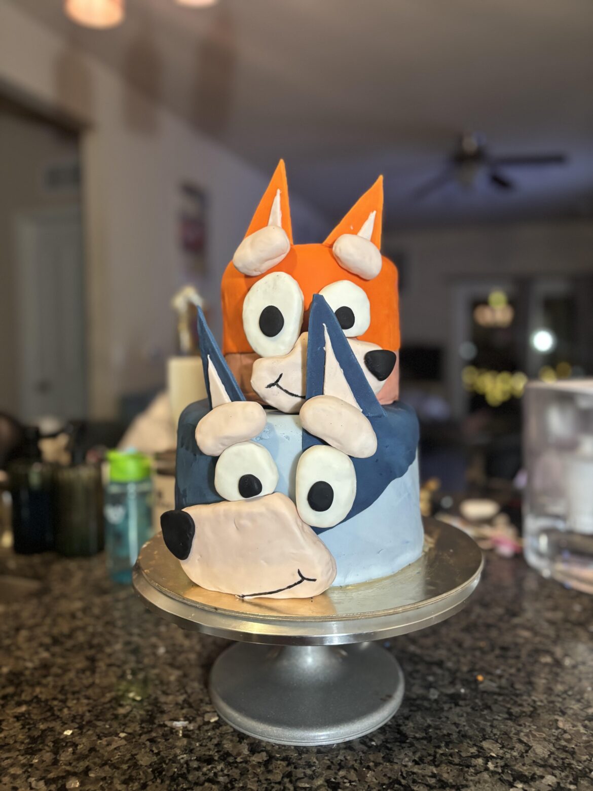 Made a Bluey cake for my toddler’s birthday party. First time using fondant and first tiered cake
