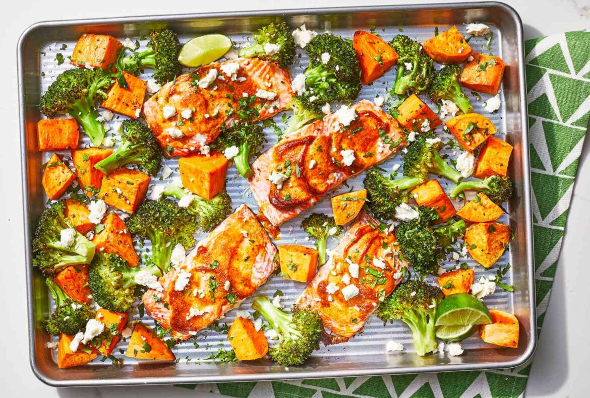 Sheet-Pan Salmon with Sweet Potatoes & Broccoli