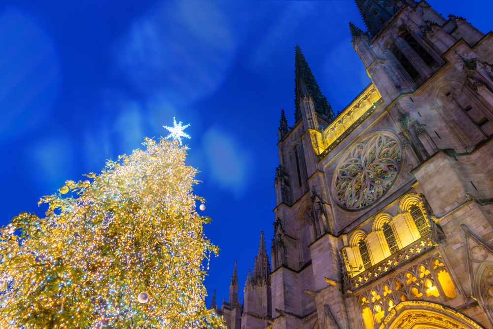 Christmas tree in front of St. Andrew's Cathedral at night located in Bordeaux, New Aquitaine, France