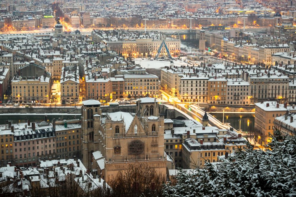 Lyon and the banks of the Rhone River featuring snow during the winter, France