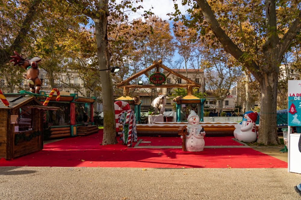 Esplanade Charles de Gaulle with Christmas decorations and stalls in Montpellier, France