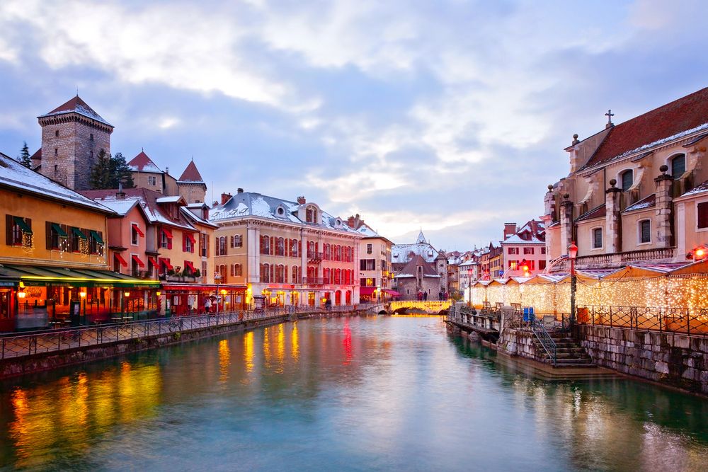 Winter and Christmas lights lining the historic medieval town of Annecy, Haute Savioe, Rhone Alps, France