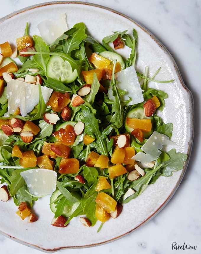clean eating dinner recipes: roasted peach and arugula salad