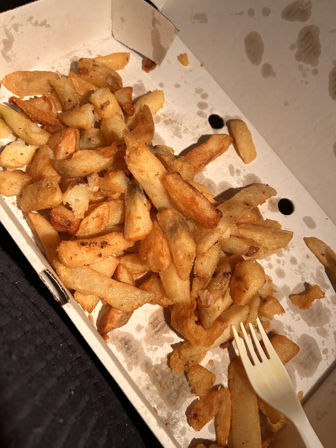 These chips are the chips I deem inedible from one portion. Black bits, eyes, the mouldy bits you get when you cut open a potato… they fried it.