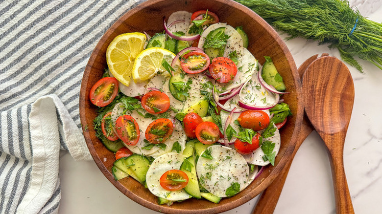 Wooden salad bowl of turnip salad