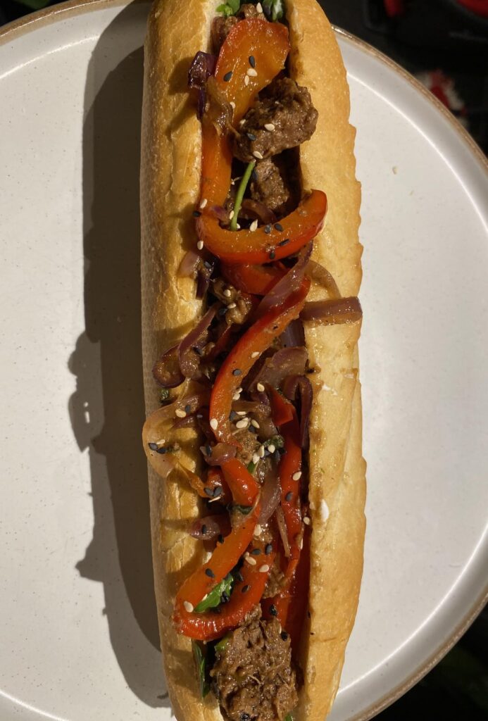 Had Mongolian beef left from dinner last night- sandwiched between a freshly baked baguette for breakfast