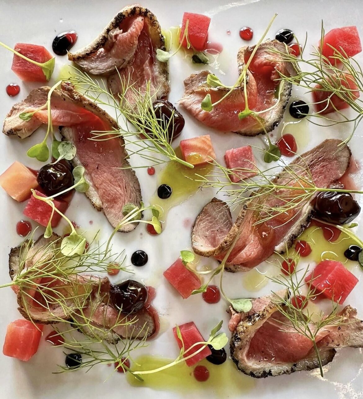 Smoked duck carpaccio, beets, cherry.