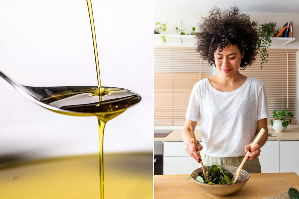 Tablespoon of olive oil / woman tossing salad