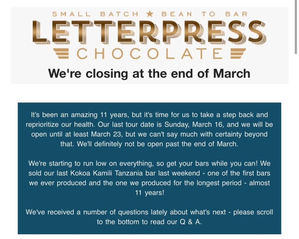 Letterpress Chocolate is closing this month