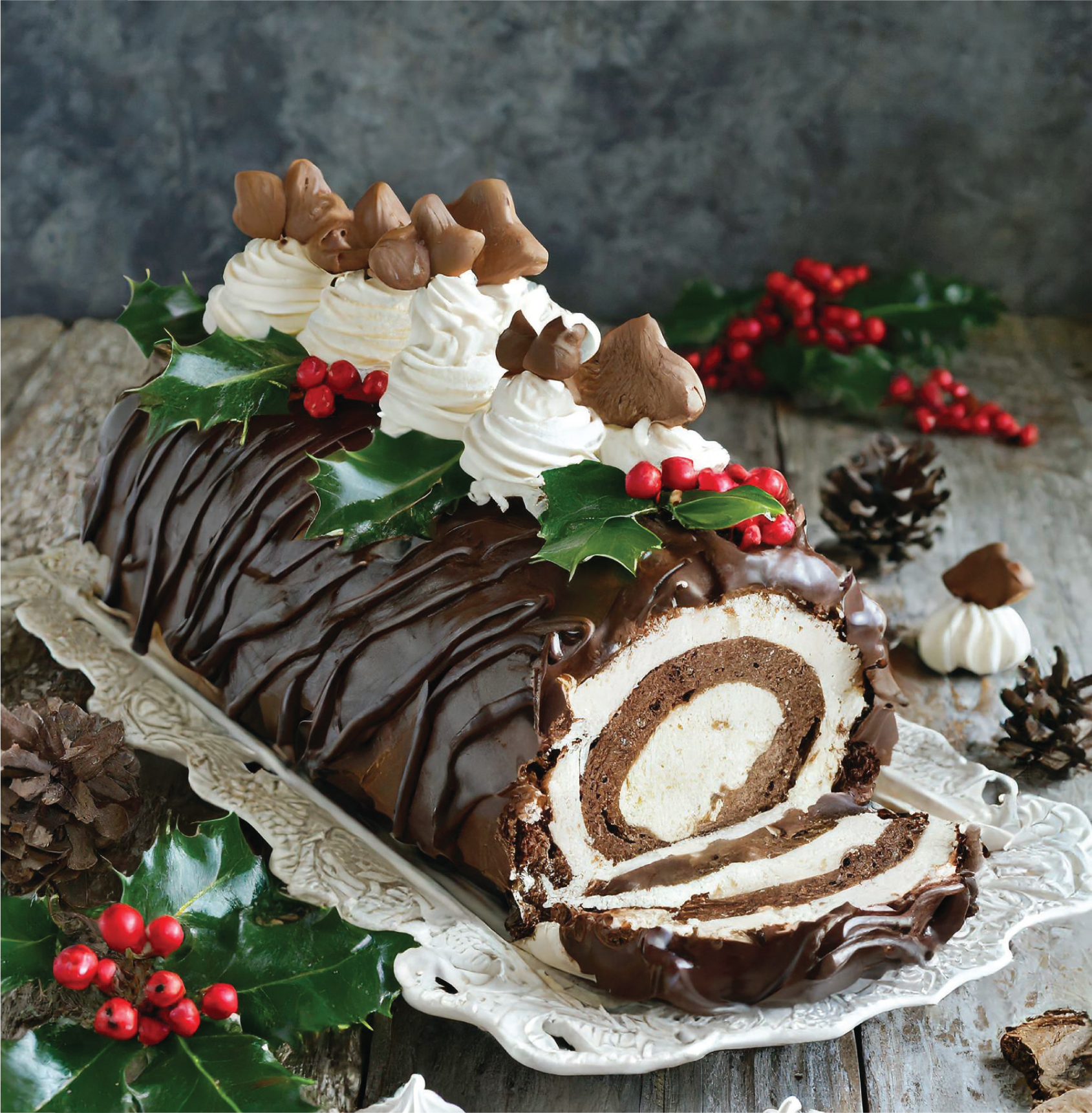 A bûche de Noël, or Yule log cake, is a traditional French holiday dessert. Find yours at Janssen’s Market or La Baguette French Bakery.