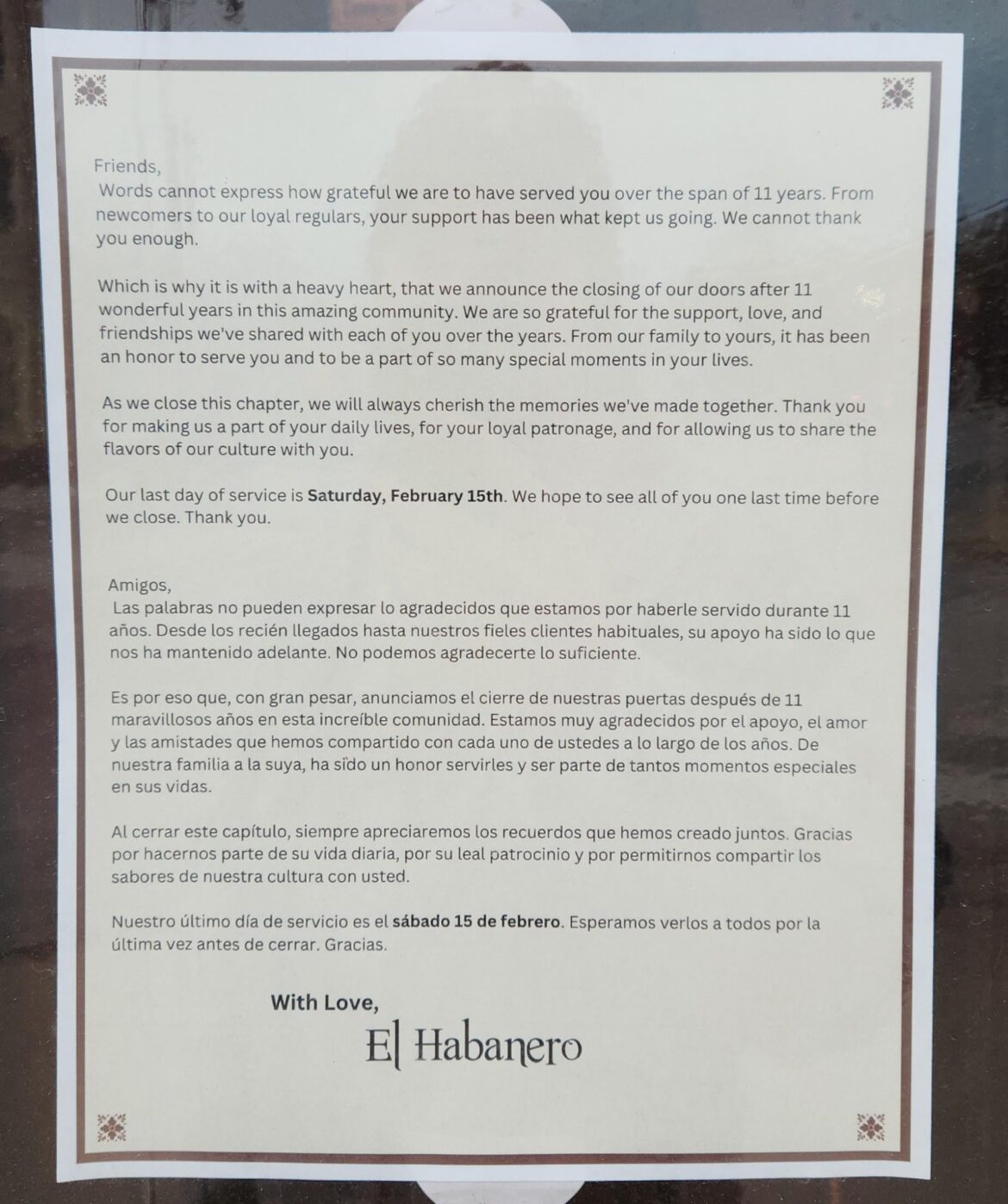 El Habanero is closing after 11 years. Last day of service is February 15th