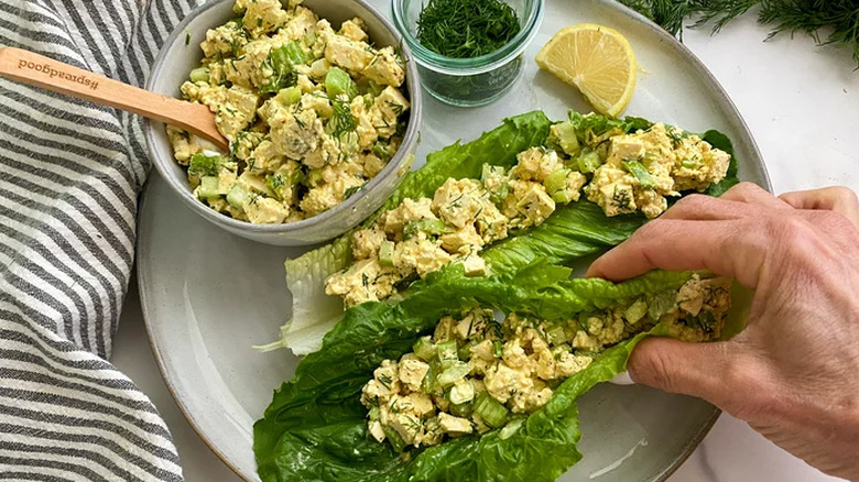 Vegan 'egg' salad served on lettuce leaves