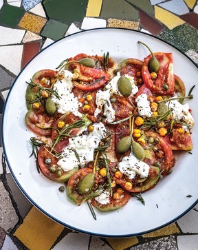 Tomato Carpaccio with Crispy Chickpeas, Stracciatella and Fried Rosemary