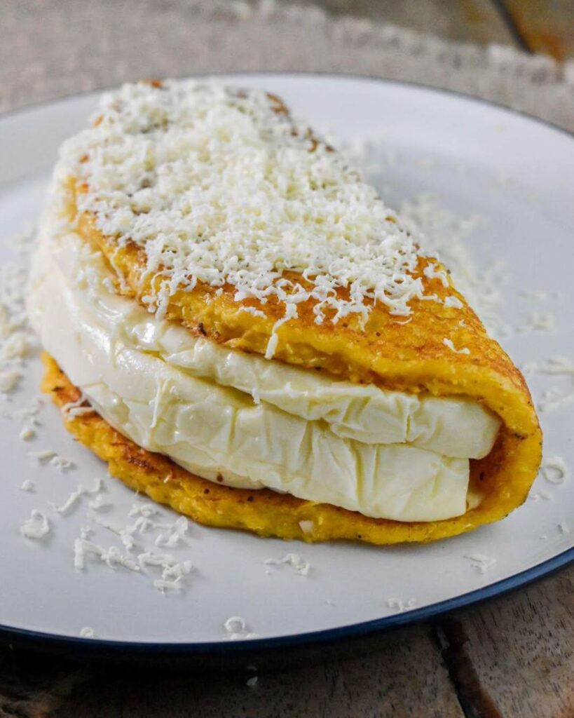 A typical Venezuelan dish, cachapa, is like a corn pancake with tasty, super-soft cheese.