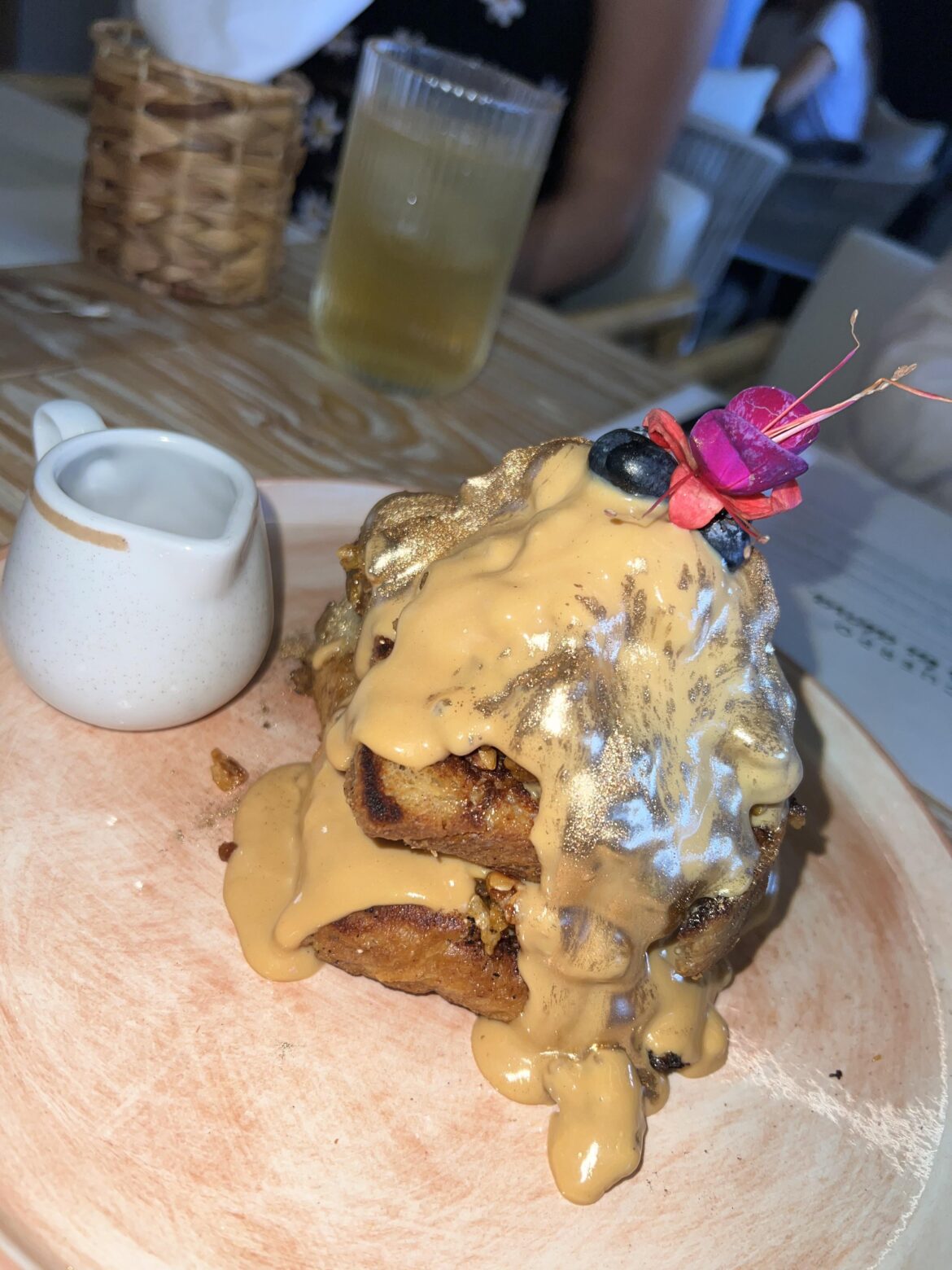 French toast with banana puree and caramel