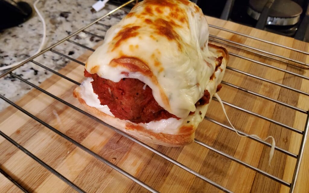 I had two meatballs left which was enough to make a ciabbata meatball sandwich with mozzarella.