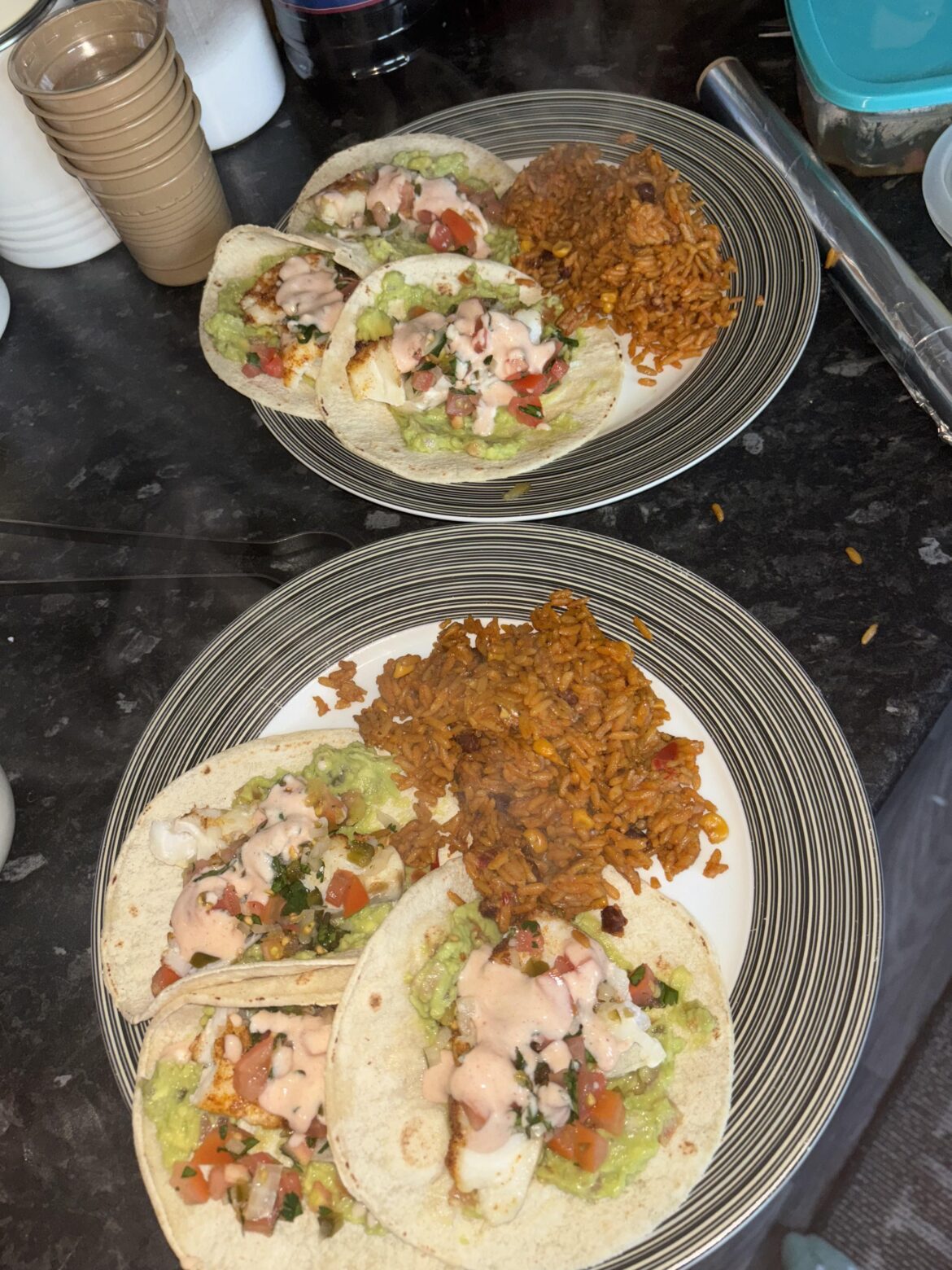 Fish tacos with pico and guac and spicy rice (708 cals)