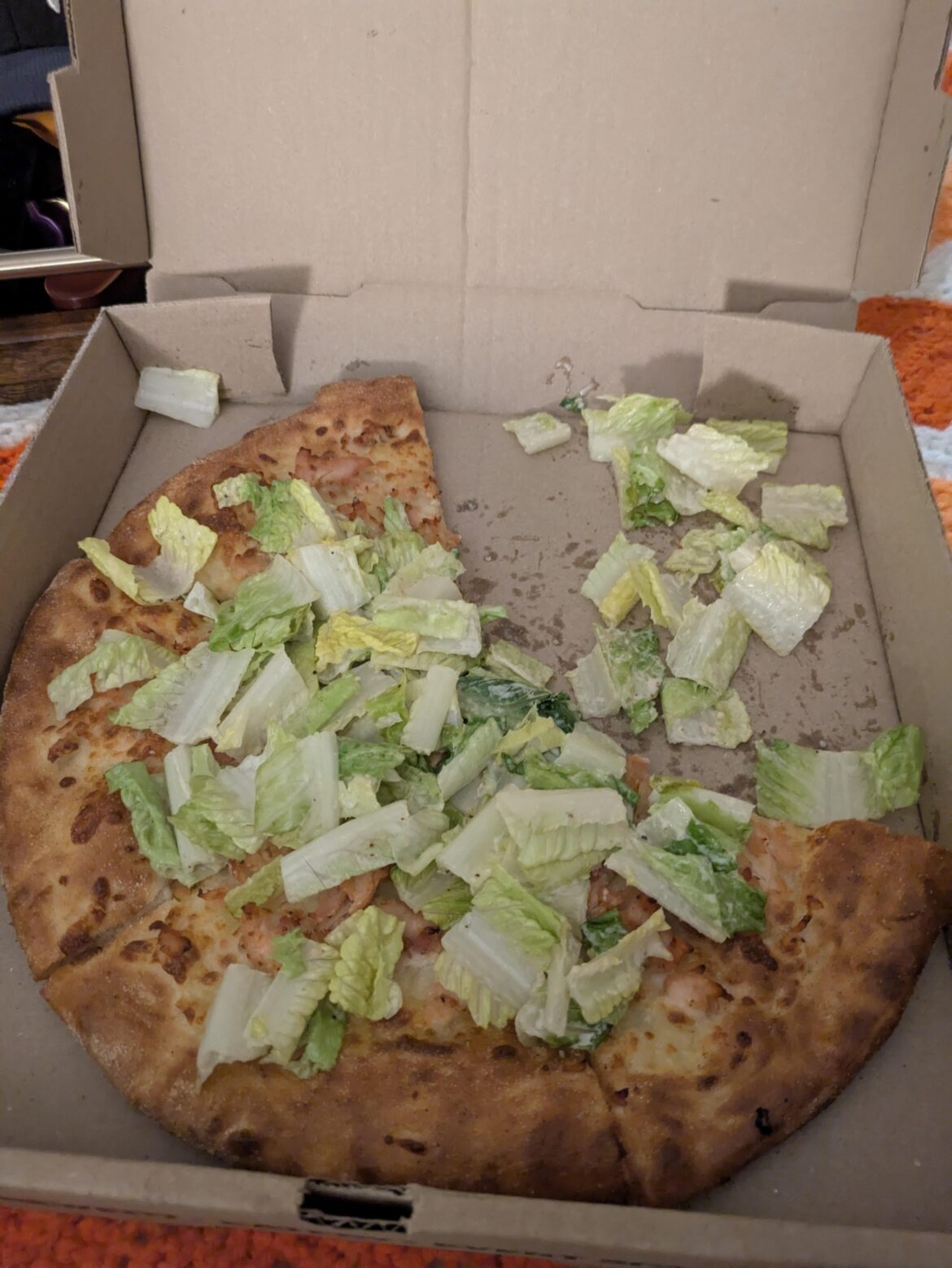My husband ordered this yesterday. They said it was a "caeser salad" pizza. They were not kidding.