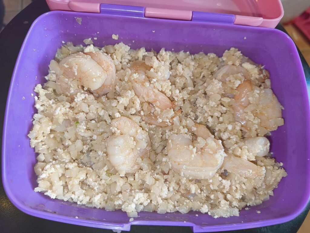 Prawn egg (white) fried (cauliflower) rice. 240cal 44.6g protein
