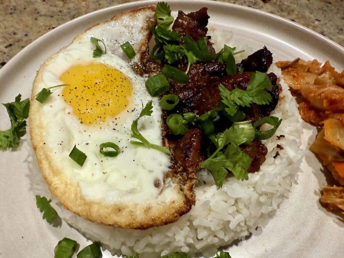 Rice, pork, egg and some kimchi..