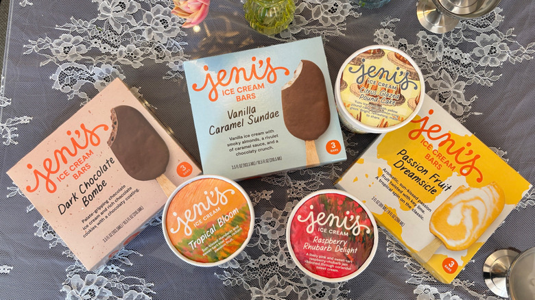 Overhead photo of boxes of Jeni's ice cream bars and three pints of ice cream in Jeni's Spring Collection