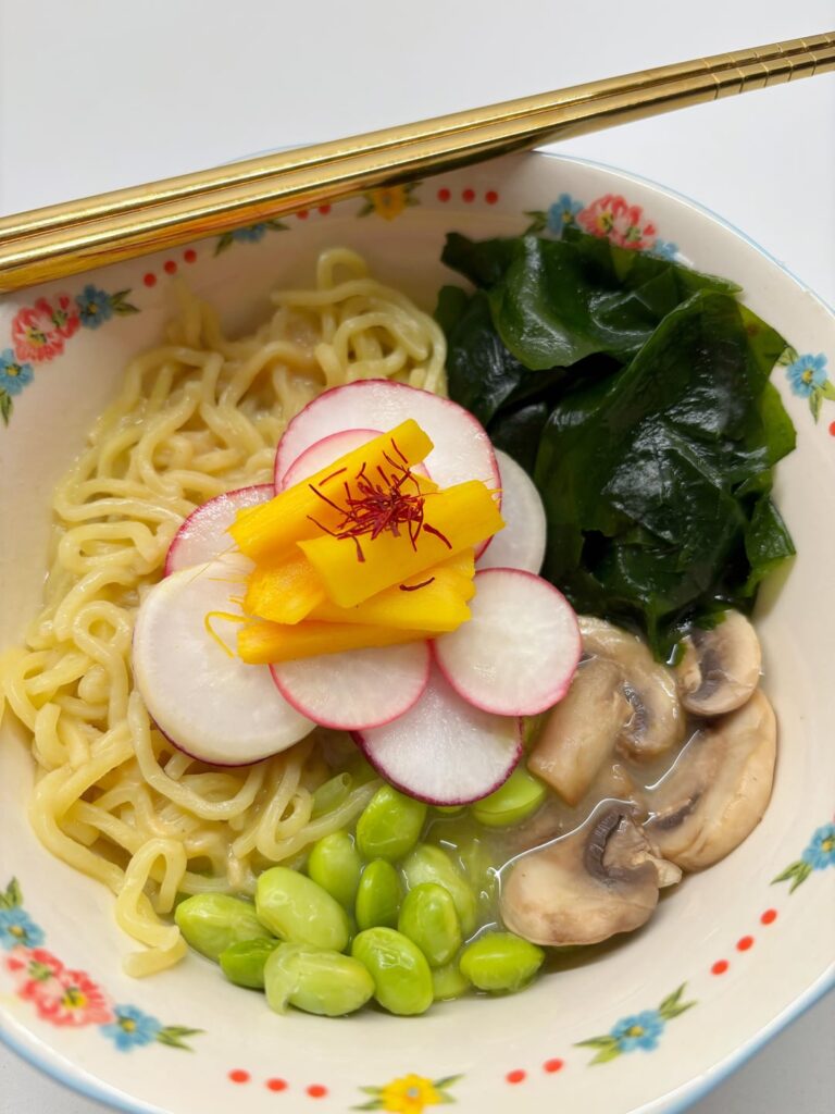 Fresh ramen with homemade pickled ginger + mushroom miso broth