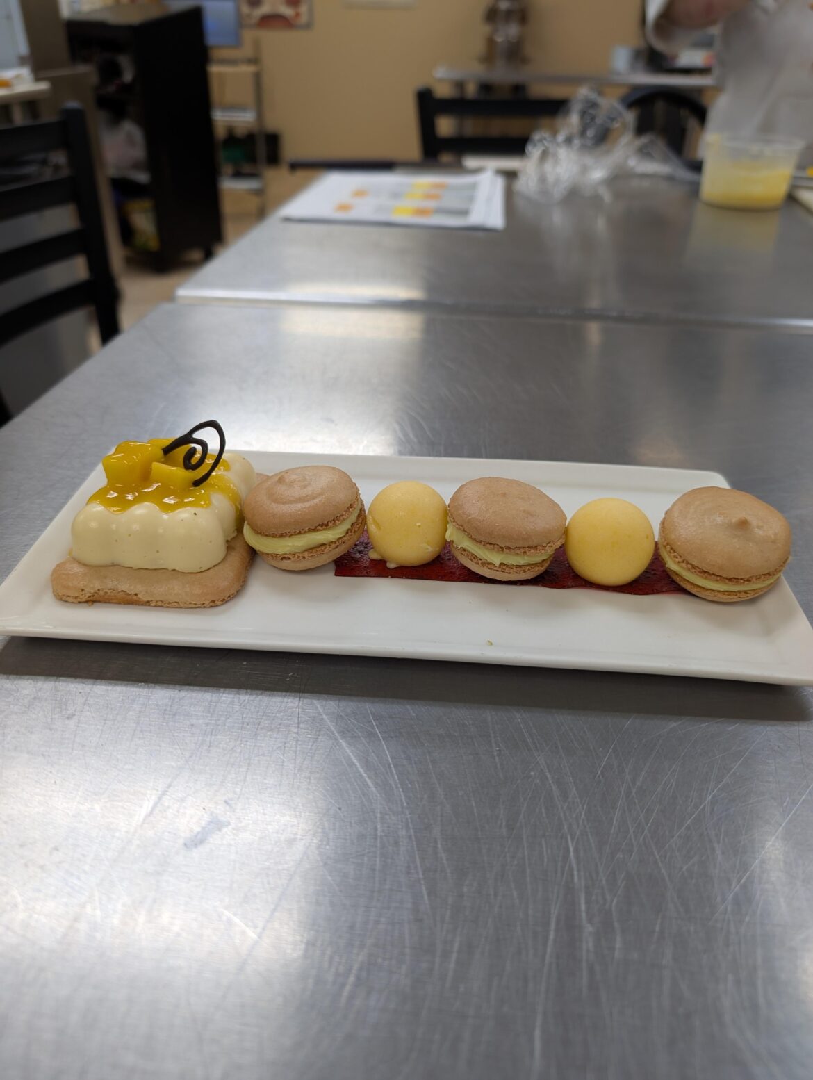 Macarons with fruit leather and gellied creme brule