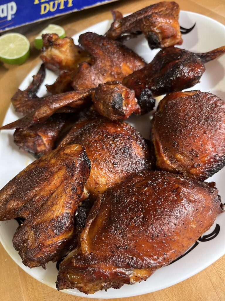 Rookie here … I smoked some wings and thighs in my brand new indoor pellet smoker. A bit too long in there, but I’m learning!
