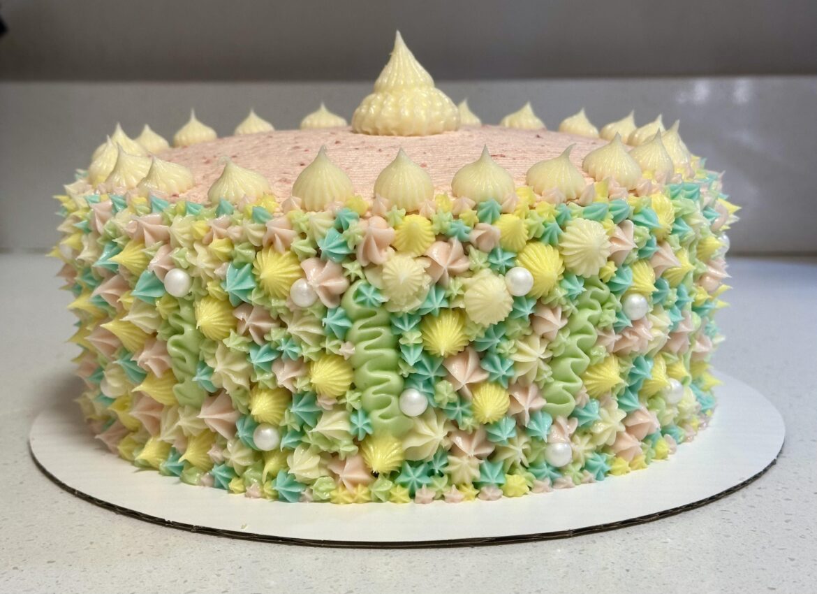 I just started baking last month and this is the first time that I’ve made this type of cake.   I can’t wait to try again because the piping could use some work. Otherwise I’m pretty happy with it.